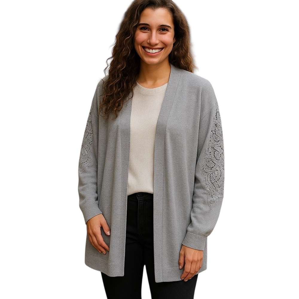 LIV Milano Cardigan Womens 1X Gray Open Front Crochet Trim Boho Casual Comfort